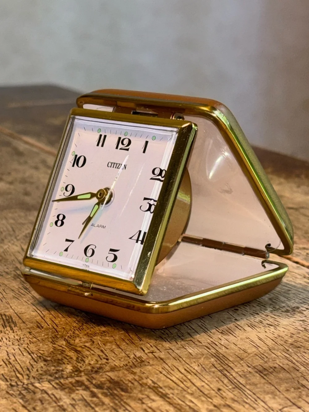 Vintage Citizen Japan Folding Travel Alarm Clock Gold Tone Brown Case Luminous